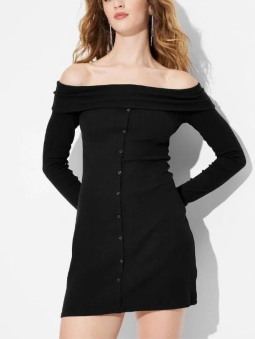 Wild Fable Off The Shoulder Faux Button Down Black Long Sleeve Knit Dress S NWT
